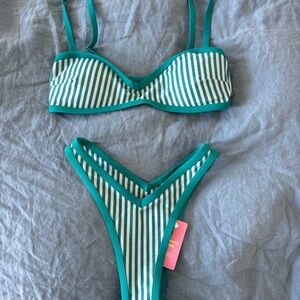 Strawberry Milk Mob Teal and White Striped Bikini
